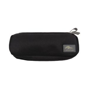 A black eco accessory pouch with a zipper and a branded logo on the side.