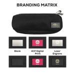 A black eco accessory pouch featuring a branding area and a zip closure. Suitable for toiletries and small items.