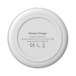 A round, white wireless charger with a smooth surface and a logo on the underside.
