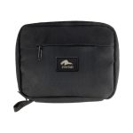 A black eco accessory pouch with a zippered pocket and a logo. The pouch has a rectangular shape and sturdy design.
