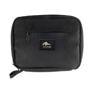 A black eco accessory pouch with a zippered pocket and a logo. The pouch has a rectangular shape and sturdy design.