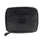 A black eco accessory pouch with a zippered closure and a front pocket featuring a logo.