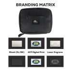 A black accessory pouch featuring a logo, with options for branding on a variety of surfaces.