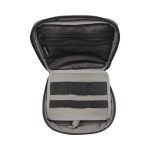 An open grey accessory pouch featuring mesh pockets and elastic straps for organisation. It has a zipper closure and a simple design.