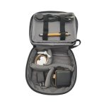 A grey eco accessory pouch filled with cables, a pen, a charger, and a small black device. It has a zipper closure.