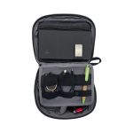 An eco accessory pouch in grey, featuring a central pocket, elastic straps, and various storage spaces for cables and items.