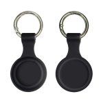 A silicone Airtag case in black with a keyring attached, featuring a smooth, round design.