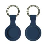 A navy blue silicone Airtag case featuring a keyring, with a simple, sleek design.