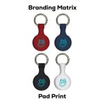 A set of four Aspen Silicone Airtag Cases in red, navy, black, and white, featuring keyring attachments.