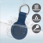 A blue silicone Airtag case with a keyring, featuring a waterproof design and scratch-resistant surface.