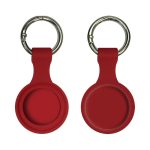 A red silicone Airtag case featuring a keyring attachment, displaying both front and back views.