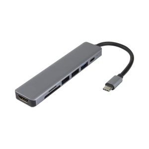 A grey Type-C hub with multiple ports including Type-C, Type-A, HDMI, and SD card slots.