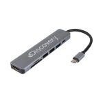 A grey Type-C hub featuring multiple ports including Type-C, Type-A, HDMI, and an SD card slot. It has a logo.