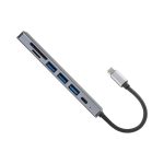 A grey Type-C hub featuring multiple ports, including Type-C, Type-A, and HDMI connections, with a flexible cable.