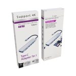 A Type-C adapter in a box, featuring multiple ports including HDMI and USB, displayed in a white package with branding.