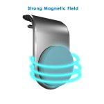 A metallic car phone holder with a blue magnetic disc and a sleek design, featuring a logo.