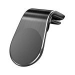 A black magnetic car phone holder with a sleek design, featuring a circular grip and a logo on its surface.