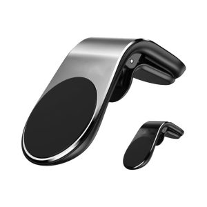 A sleek silver and black magnetic car phone holder with a curved design and a circular magnetic pad.