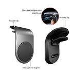 A magnetic car phone holder in black and silver features an air outlet clip for easy one-handed operation.