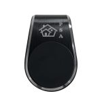 A magnetic car phone holder in black with a sleek metallic finish and a logo.