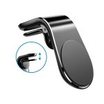 A black magnetic car phone holder with an adjustable clip and a circular attachment area. It features a logo.