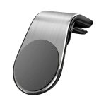 A metallic car phone holder with a sleek design featuring a circular magnetic surface and a clip attachment.