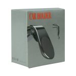 A black car phone holder packaged in a sleek grey box featuring a logo.