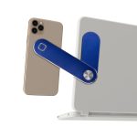 A blue laptop extension arm is displayed, holding a gold phone against a light laptop. The arm features a metallic accent.