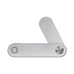 A silver laptop extension arm with a sleek design and a circular pivot. It features a logo on one side.