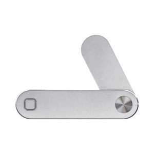 A silver laptop extension arm with a sleek design and a circular pivot. It features a logo on one side.