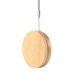 A round, bamboo charging cable kit with a grey hanging loop, designed for eco-friendly use.