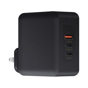 A black 100 Watt GaN quick charger featuring multiple USB ports and a plug attachment.