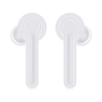 White Leeds TWS earbuds displayed from a front view, featuring a simple design and streamlined shape.