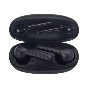 Black Leeds TWS earbuds in a charging case, featuring a sleek design and compact storage.