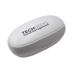 A white charging case for earbuds featuring a logo, with a smooth oval shape and ventilation holes.
