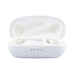 White Leeds TWS earbuds in a charging case, showcasing the earbuds and case interior.