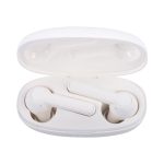 White Leeds TWS earbuds in a matching carrying case, featuring a sleek design and a logo.