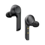 Black active noise cancelling TWS earbuds displayed from multiple angles, featuring a sleek design with a logo.