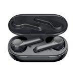 Active noise cancelling TWS earbuds in a black charging case, featuring a sleek design and a compact shape.