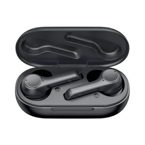Active noise cancelling TWS earbuds in a black charging case, featuring a sleek design and a compact shape.