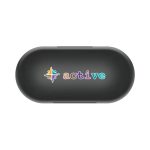 A black charging case for earbuds with a colourful logo featuring the word "active".