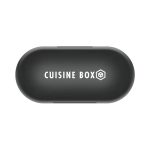 A black earbud charging case featuring a logo on top, designed for wireless earbuds.