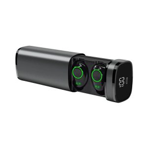 A pair of black Royston TWS earbuds in a charging case with a digital display. The case is sleek and cylindrical.