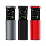 A set of Royston TWS earbuds in grey, black, and red with a branded casing.