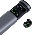 A pair of black Royston TWS earbuds with a charging case, featuring green accents and a logo.