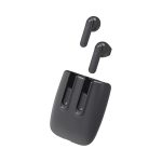 Magnetic black TWS earbuds with a charging case, featuring a sleek design and an accompanying logo.