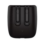 A pair of black TWS earbuds in a charging case featuring a logo on the surface.