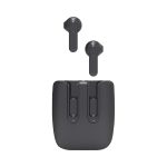 Magnetic TWS earbuds in black with a matching charging case, featuring a sleek design and branding.