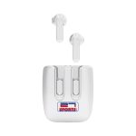 White Lawson Magnetic TWS earbuds with a charging case, featuring a logo on the case.