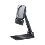 A black foldable phone stand with an adjustable arm and a sturdy base. Features a holder for devices.